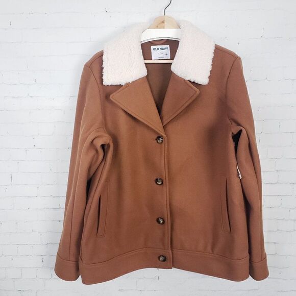 Old Navy Coat Size L Tall Camel Brown Sherpa Collar Faux Wool NEW - Picture 1 of 10